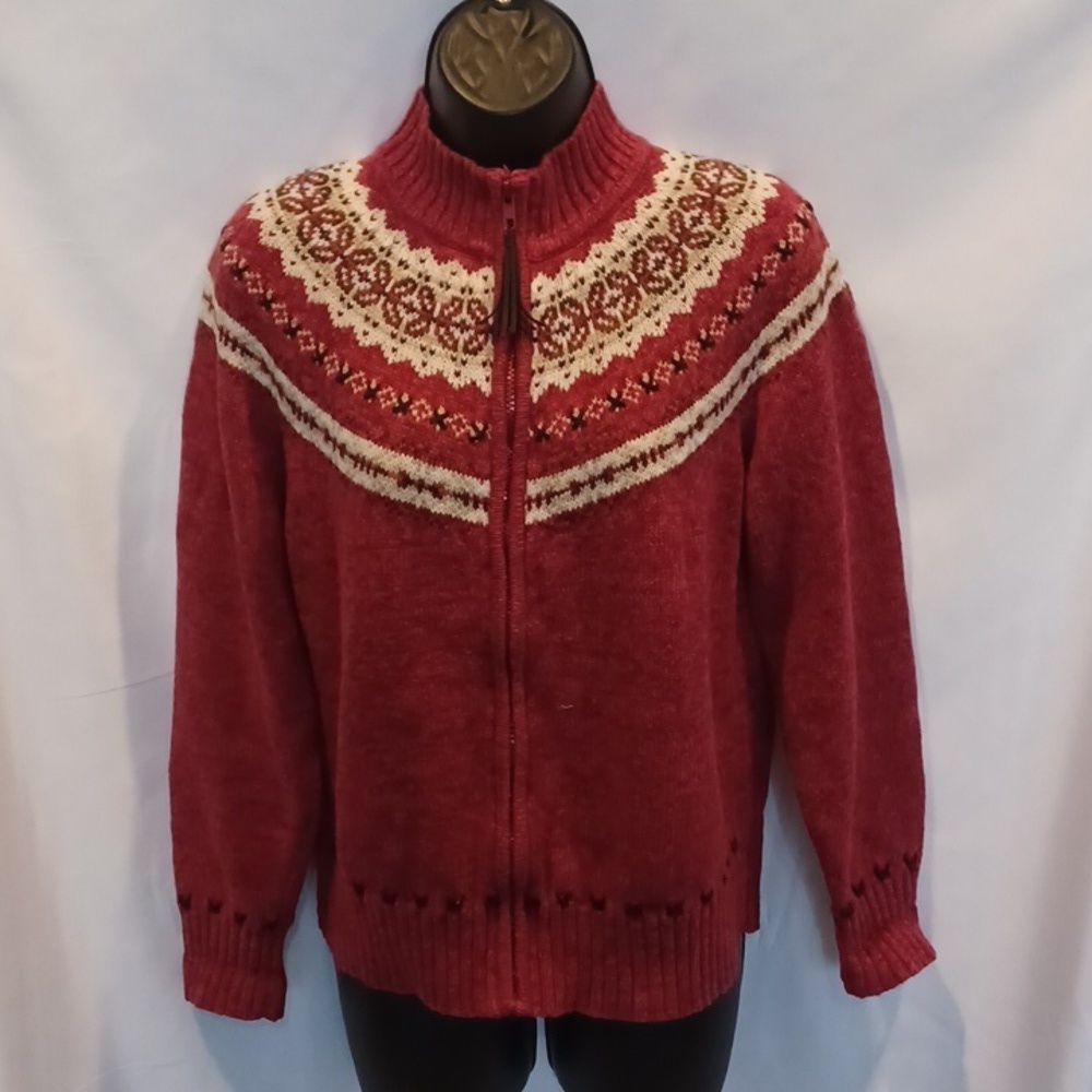 Tiara Peruvian Style Knit Zip cardigan sweater Leather Stitching